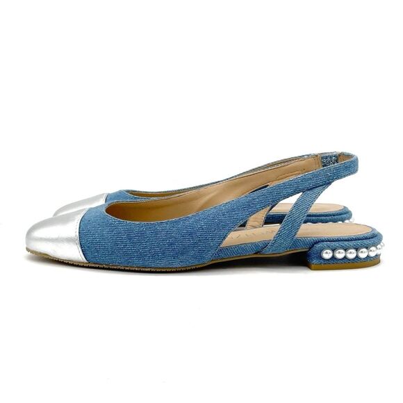 Stuart Weitzman Denim Pearl Slingback Flats Size 6 Silver Cap Toe Made in Spain - Picture 2 of 15
